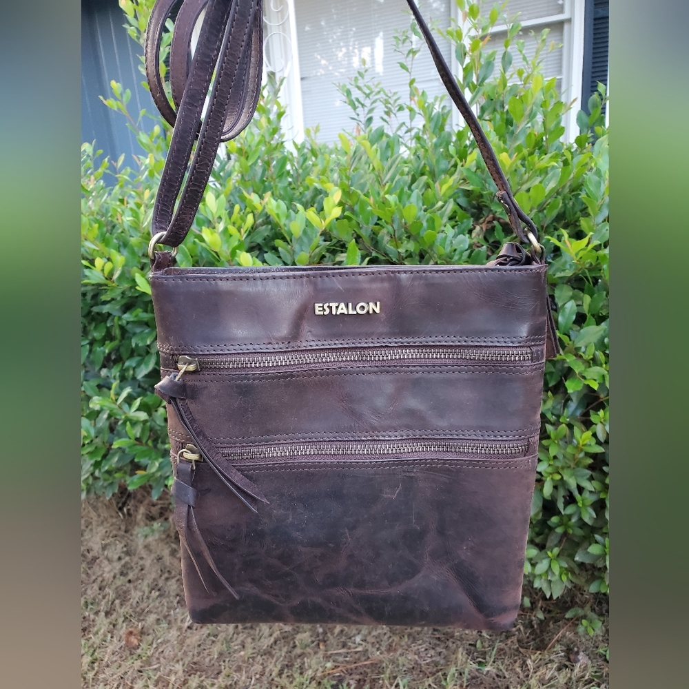 Estalon Brown Leather Crossbody Messenger Bag Purse